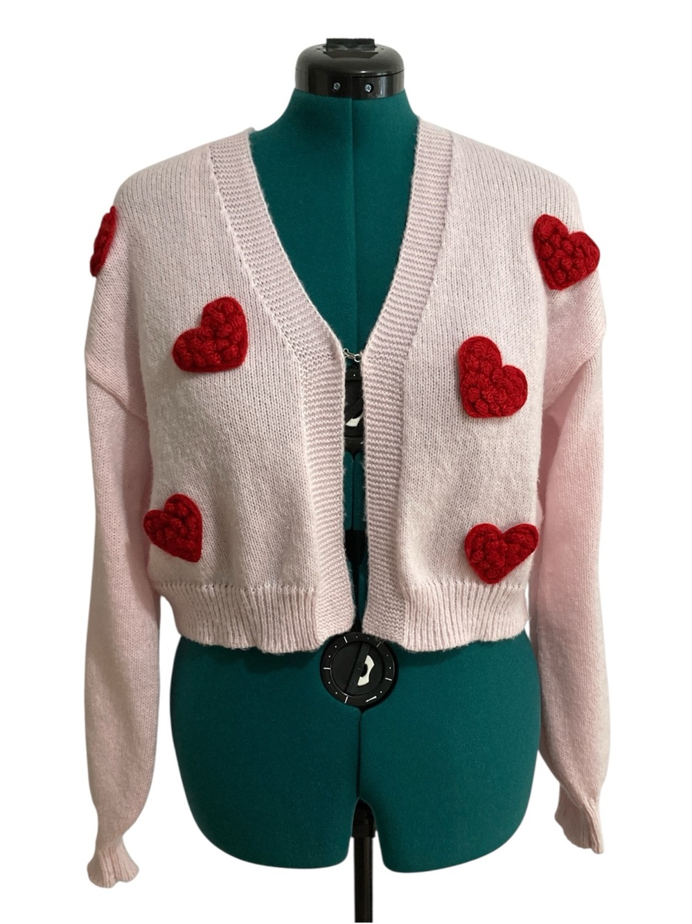 Madden NYC Puffy Yarn Heart Cropped Cardigan